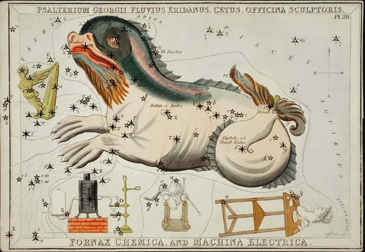 Picture of ASTRONOMICAL CHART ILLUSTRATION OF THE PSALTERIUM GEORGII-FLUVIUS ERIDANUS-CETUS-OFFICINAL SCUPLTORI