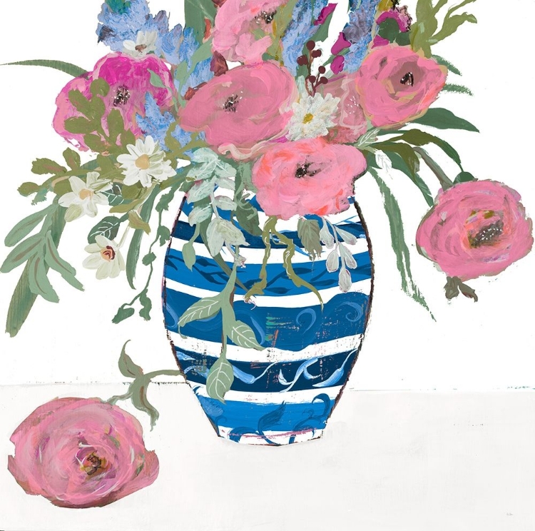 Picture of BLUE VASE OF PINK ROSES