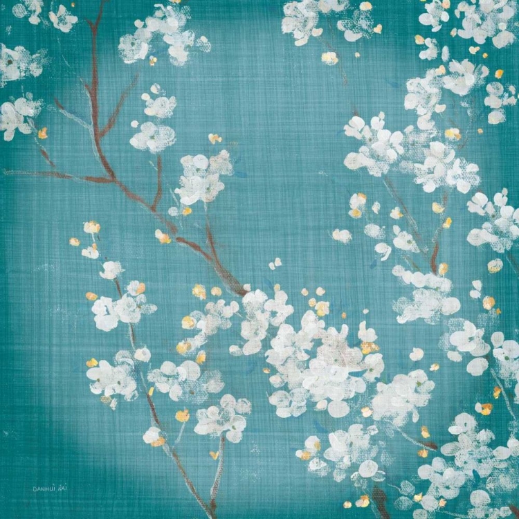 Picture of WHITE CHERRY BLOSSOMS II ON TEAL AGED NO BIRD