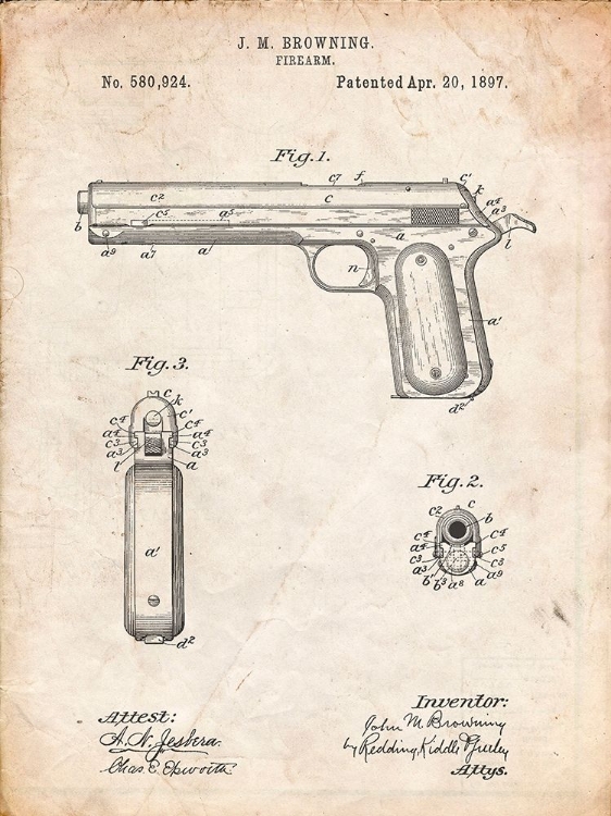 Picture of PP770-VINTAGE PARCHMENT COLT AUTOMATIC PISTOL OF 1900 PATENT POSTER