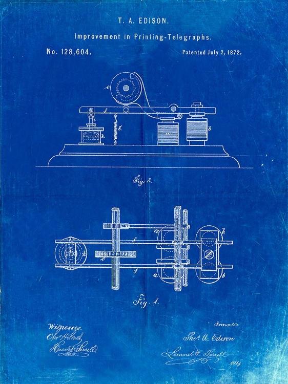 Picture of PP799-FADED BLUEPRINT EDISON PRINTING TELEGRAPH PATENT ART