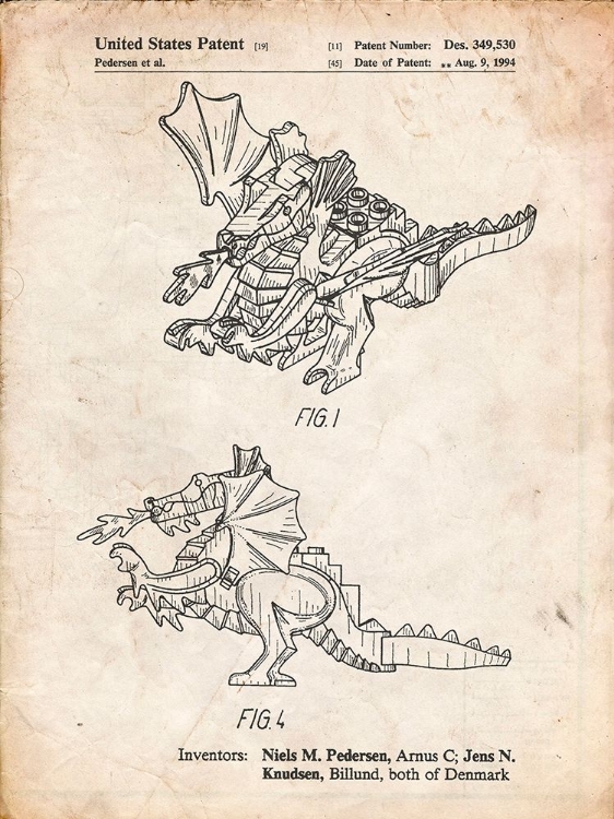 Picture of PP925-VINTAGE PARCHMENT LEGO DRAGON PATENT POSTER