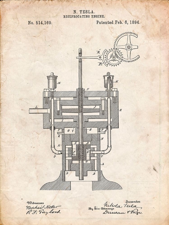 Picture of PP1094-VINTAGE PARCHMENT TESLA RECIPROCATING ENGINE POSTER