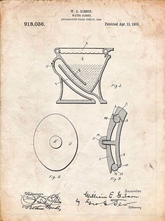 Picture of PP129- VINTAGE PARCHMENT SIPHONING WATER CLOSET 1909 PATENT POSTER