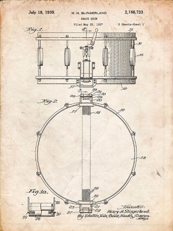 Picture of PP147- VINTAGE PARCHMENT SLINGERLAND SNARE DRUM PATENT POSTER