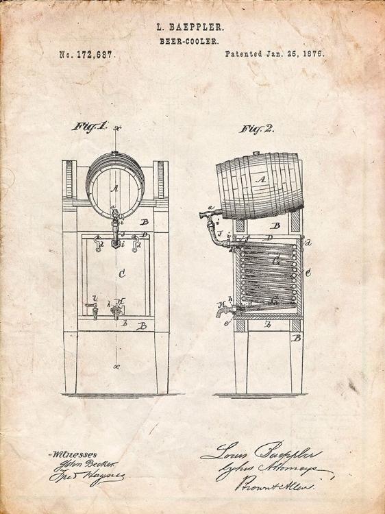 Picture of PP186- VINTAGE PARCHMENT BEER KEG COOLER 1876 PATENT POSTER