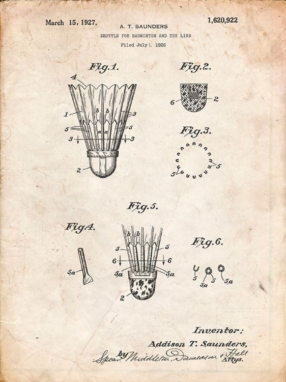 Picture of PP345-VINTAGE PARCHMENT VINTAGE BADMINTON SHUTTLE PATENT POSTER