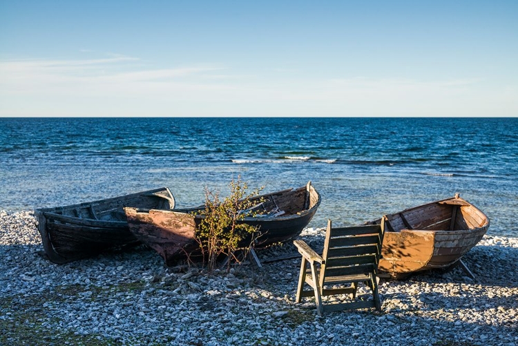 Picture of SWEDEN-FARO ISLAND-KURSVIKEN-COASTAL FARMERS FISHING BOATS-SUNSET