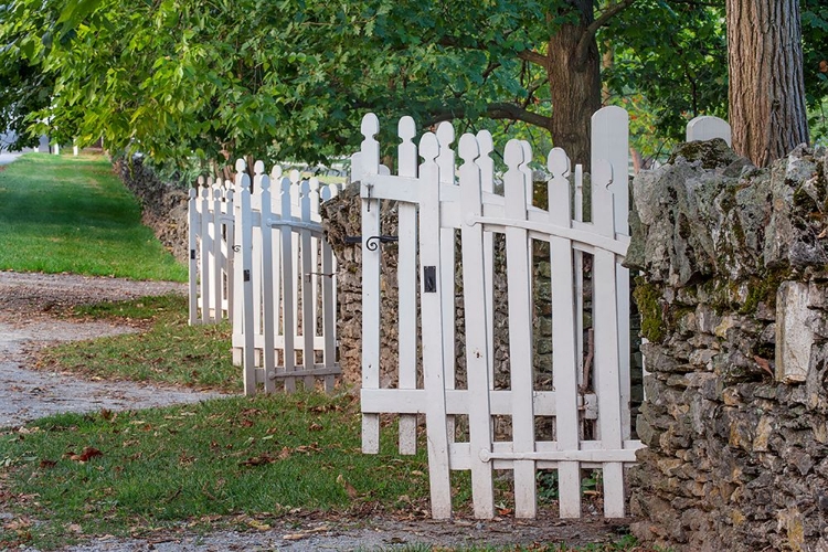 Picture of GATE AND WHITE WOODEN FENCE AND ROCK WALL-SHAKER VILLAGE OF PLEASANT HILL-HARRODSBURG-KENTUCKY