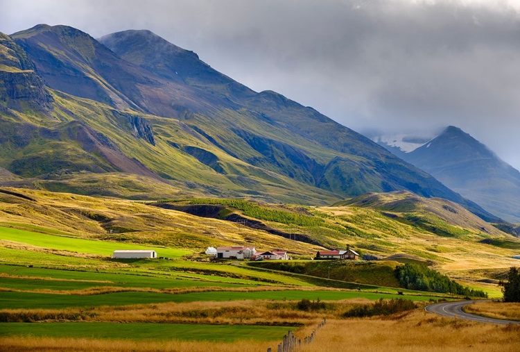 Picture of MOUNTAINS TOWERING OVER OXNADALUR WITH ROAD CLIMBING UP TO OXNADALSHEIDI. EUROPE- ICELAND