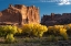 Picture of USA-UTAH. AUTUMN COTTONWOODS AND THE THREE GOSSIPS AT SUNSET-ARCHES NATIONAL PARK