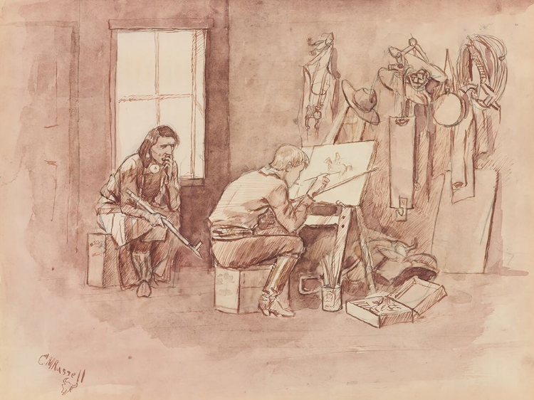 Picture of CONTRAST IN ARTISTS SALONS, CHARLIE PAINTING IN HIS CABIN 1894