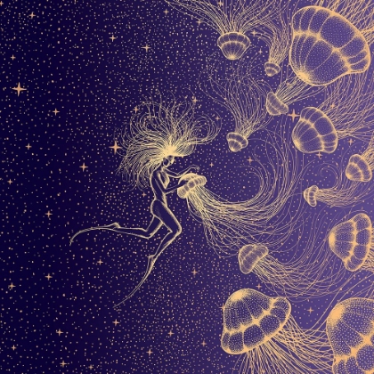 Picture of STARRY JELLYFISH AND DIVER (GOLDEN LINES A PURPLE SPACE)