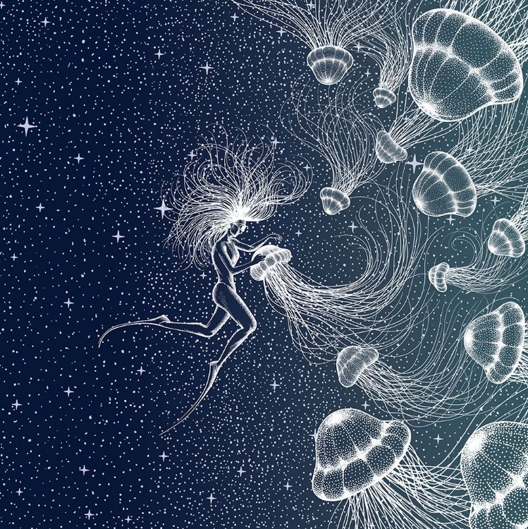 Picture of STARRY JELLYFISH AND DIVER (GOLDEN LINES A PURPLE SPACE)