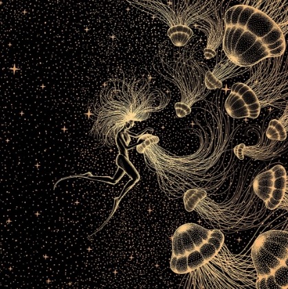 Picture of STARRY JELLYFISH AND DIVER (GOLDEN LINES A PURPLE SPACE)