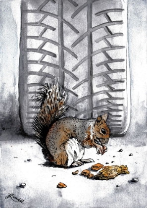 Picture of RODENT. SQUIRREL IN THE STREET. INK WATERCOLOR PAINTING.