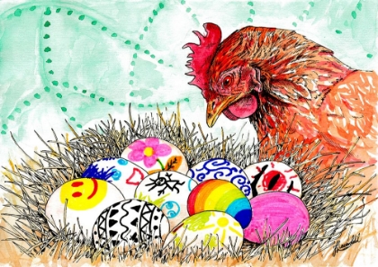 Picture of HAPPY EASTER. HEN AND EGGS INK AND WATERCOLOR PAINTING