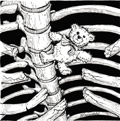 Picture of TEDDY. BEAR IN SKELETON INK DRAWING.