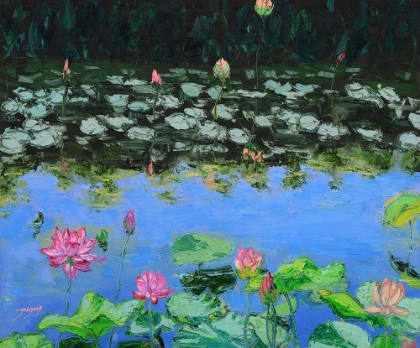 Picture of PINK LOTUS LILIES IN A POND