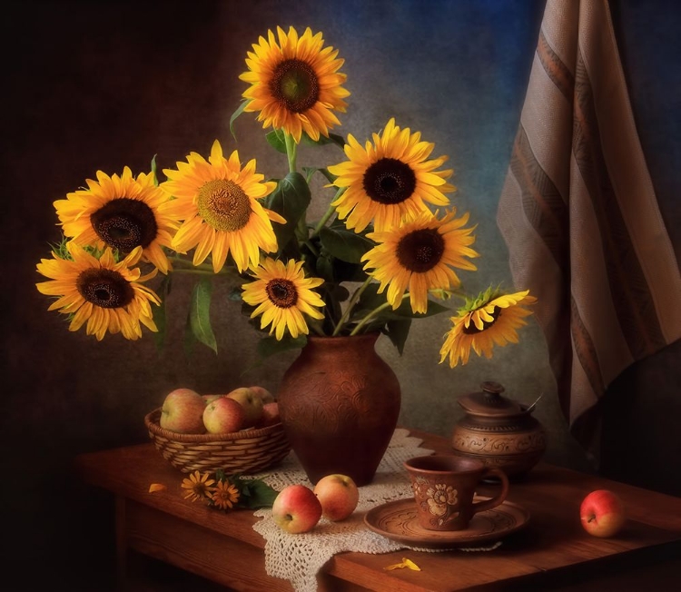 Picture of STILL LIFE WITH SUNFLOWERS AND APPLES