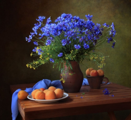 Picture of STILL LIFE WITH A BOUQUET OF CORNFLOWERS AND APRICOTS