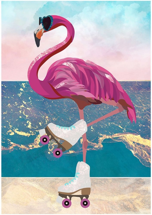 Picture of FLAMINGO ROLLERSKATING ON THE BEACH