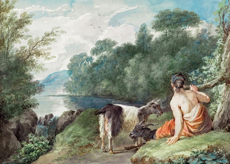 Picture of SHEPHERDESS WITH GOATS IN A LANDSCAPE WITH A LAKE