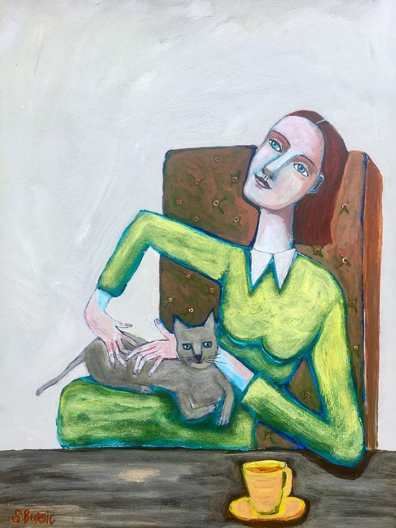 Picture of LADY TICKLING GREY CAT IN CHAIR