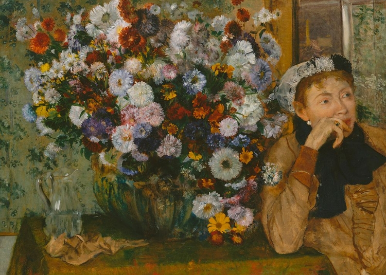 Picture of A WOMAN SEATED BESIDE A VASE OF FLOWERS