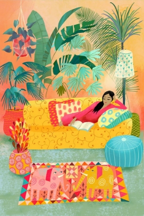 Picture of WOMAN READING IN TROPICAL LIVING ROOM