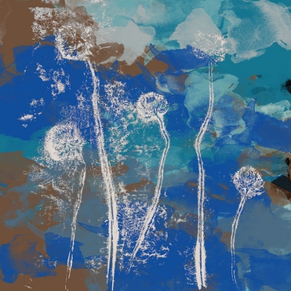 Picture of ABSTRACT FLOWERS. WHITE CLOVERS ON BLUE