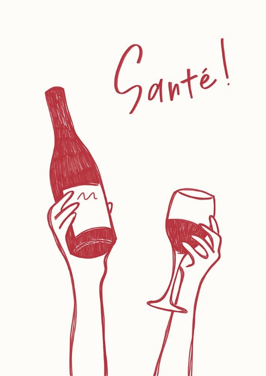 Picture of HANDS HOLDING A WINE BOTTLE AND A WINE GLASS WITH THE TEXT QCHEERS!Q IN FRENCH