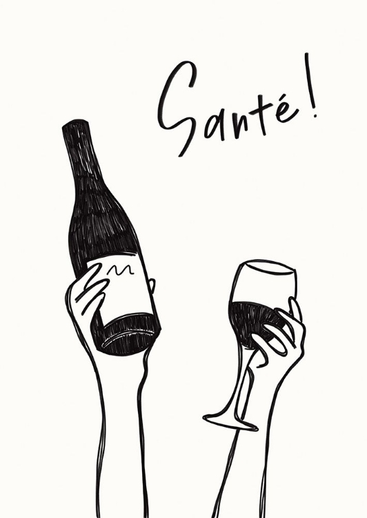 Picture of HANDS HOLDING A WINE BOTTLE AND A WINE GLASS WITH THE TEXT QCHEERS!Q IN FRENCH