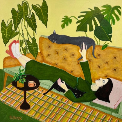 Picture of CAT LADY ON COUCH HAVING A DATE