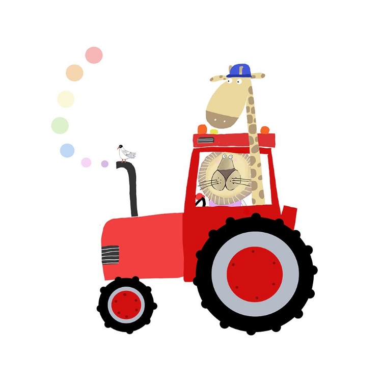 Picture of GIRAFFE AND LION IN RED TRACTOR WITH RAINBOW SPOTS BY CARLA DALY