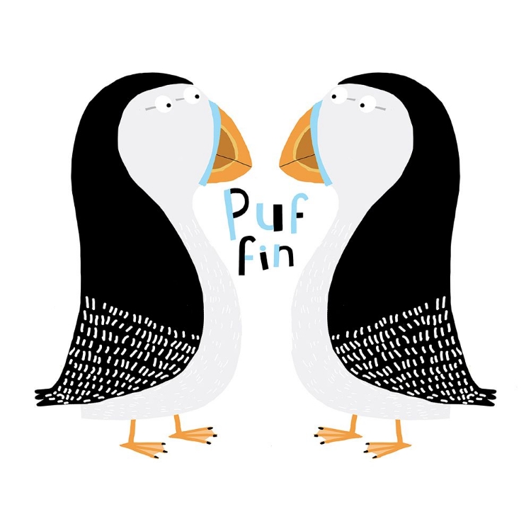 Picture of TWO PUFFINS WITH HAND DRAWN TEXT BY CARLA DALY