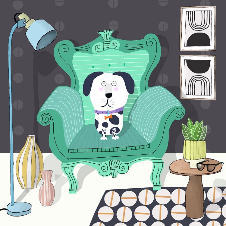 Picture of FUNNY DOG SITTING IN A TRENDY INTERIOR BY CARLA DALY