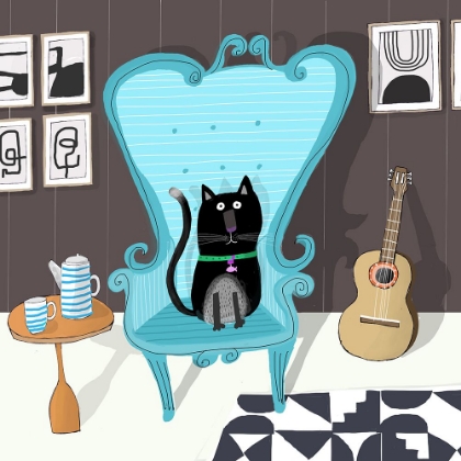 Picture of CUTE BLACK CAT SITTING ON BLUE ARMCHAIR BY ARTIST CARLA DALY