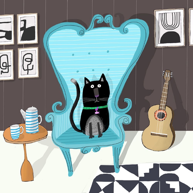 Picture of CUTE BLACK CAT SITTING ON BLUE ARMCHAIR BY ARTIST CARLA DALY