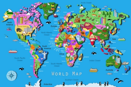 Picture of ILLUSTRATED WORLD MAP WITH COUNTRIES AND CONTINENTS BY CARLA DALY