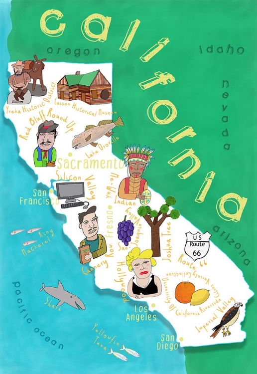 Picture of ILLUSTRATED MAP OF CALIFORNIA WITH OCEAN BY CARLA DALY