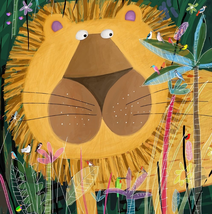 Picture of LARGE LION PEEKS OUT OF THE JUNGLE FOLIAGE BY ARTIST CARLA DALY