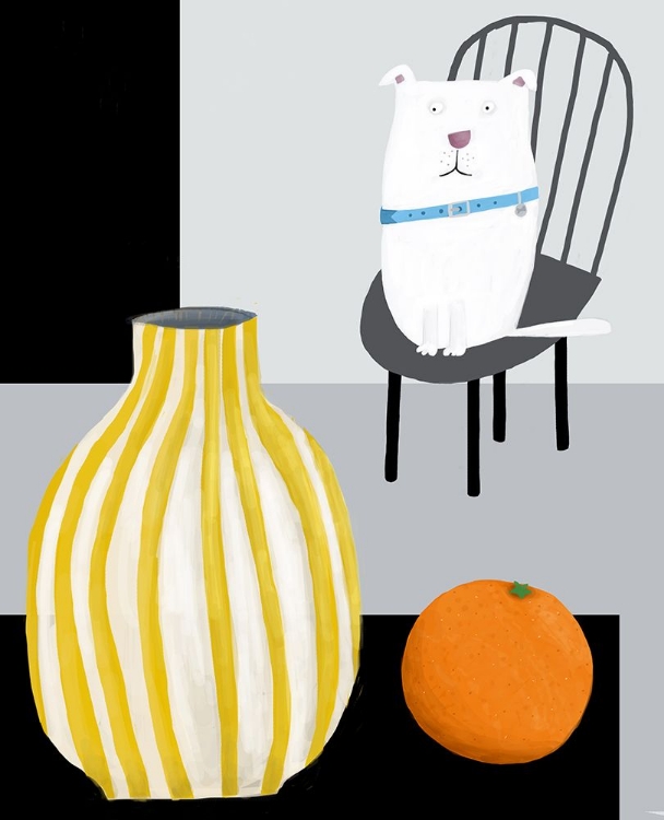 Picture of FUNNY WHITE DOG WITH YELLOW AND WHITE STROPPED VASE BY CARLA DALY