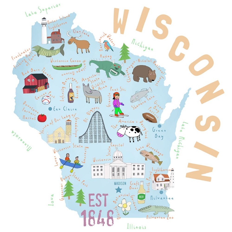 Picture of WISCONSIN STATE ILLUSTRATED BY MAP ARTIST CARLA DALY