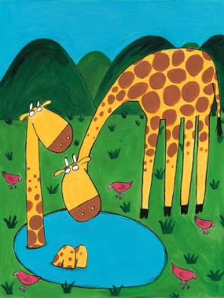 Picture of MOMMY WITH BABY GIRAFFE IN A WATERING HOLE BY ARTIST CARLA DALY