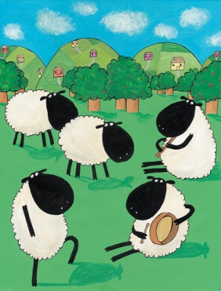 Picture of FUNNY SHEEP DANCING IN A GREEN FIELD BY ARTIST CARLA DALY