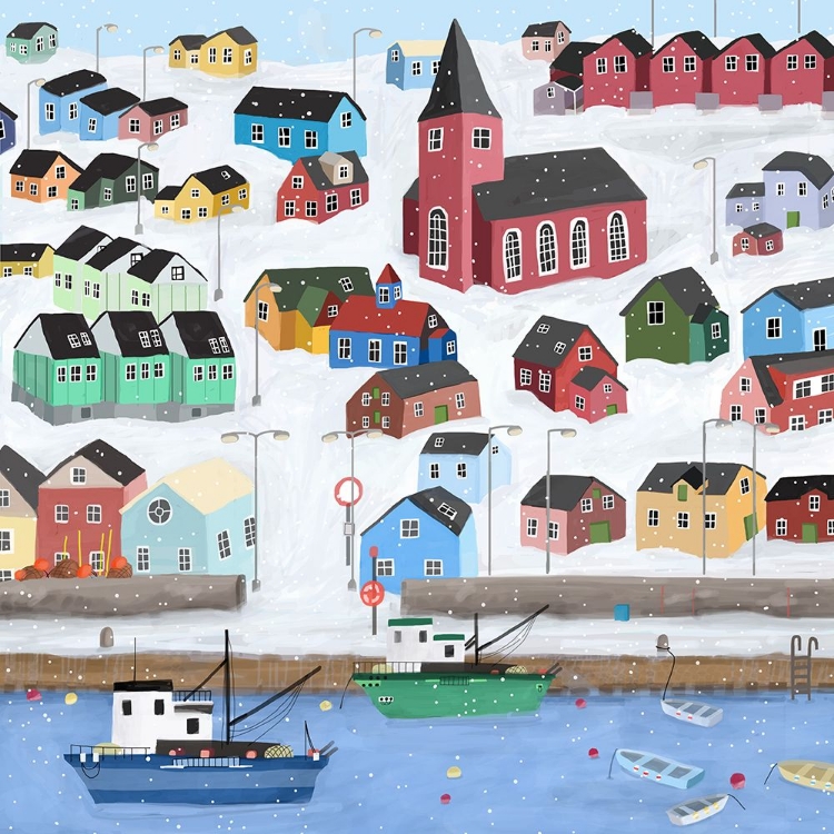 Picture of SNOWY TOWN WITH FISHING BOATS BY ARTIST CARLA DALY