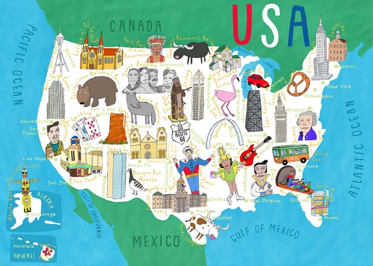 Picture of ILLUSTRATED MAP OF THE USA BY ARTIST CARLA DALY