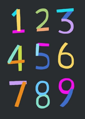 Picture of HAND DRAWN NUMBERS 1 TO 9 ON BLACK BACKGROUND BY ARTIST CARLA DALY