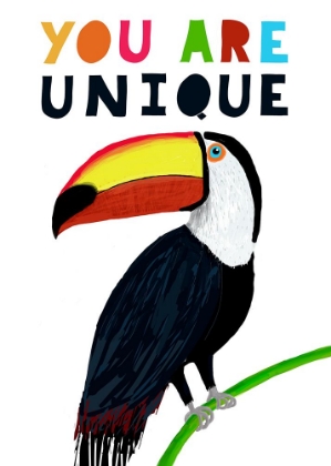 Picture of YOU ARE UNIQUE! COLORFUL TOUCAN WITH COLORFUL TEXT BY ILLUSTRATOR CARLA DALY